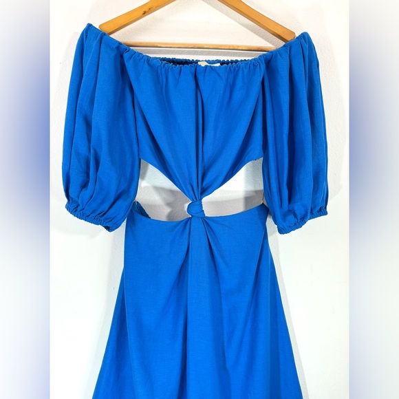 Farm Rio Linen Blend Midi Dress Blue Off-Shoulder Knot Cut-Out Women’s Small - Picture 9 of 16